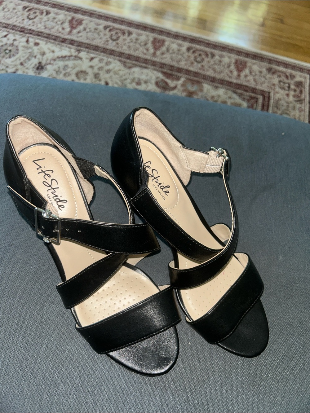 Life Stride Black Open-Toe Ankle Strap Heels